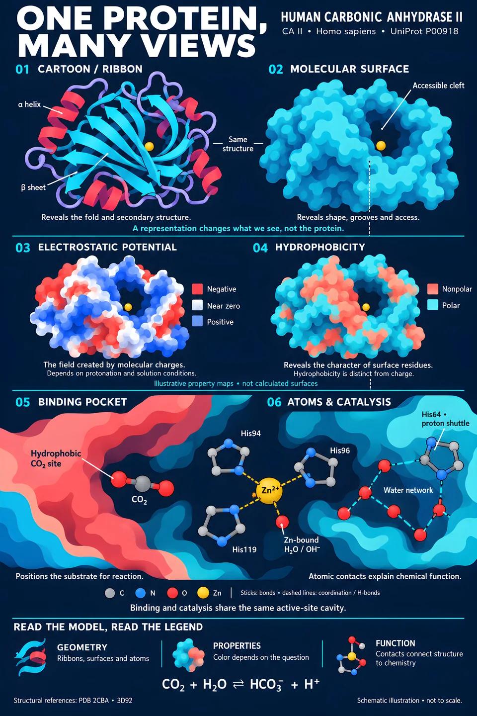 One Protein, Many Views — Carbonic Anhydrase II — illustrated scientific poster